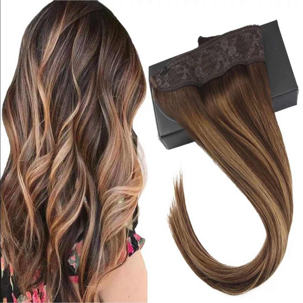 100% Human hair halo extension brown/Carmel 16”